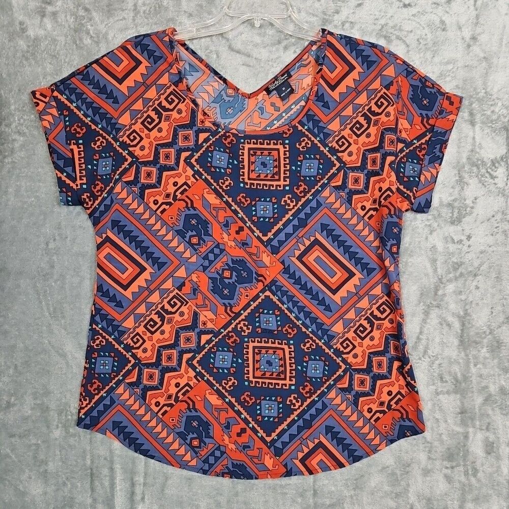 Lucky Brand Women's Sz Med Blue Red Top geometric vneck